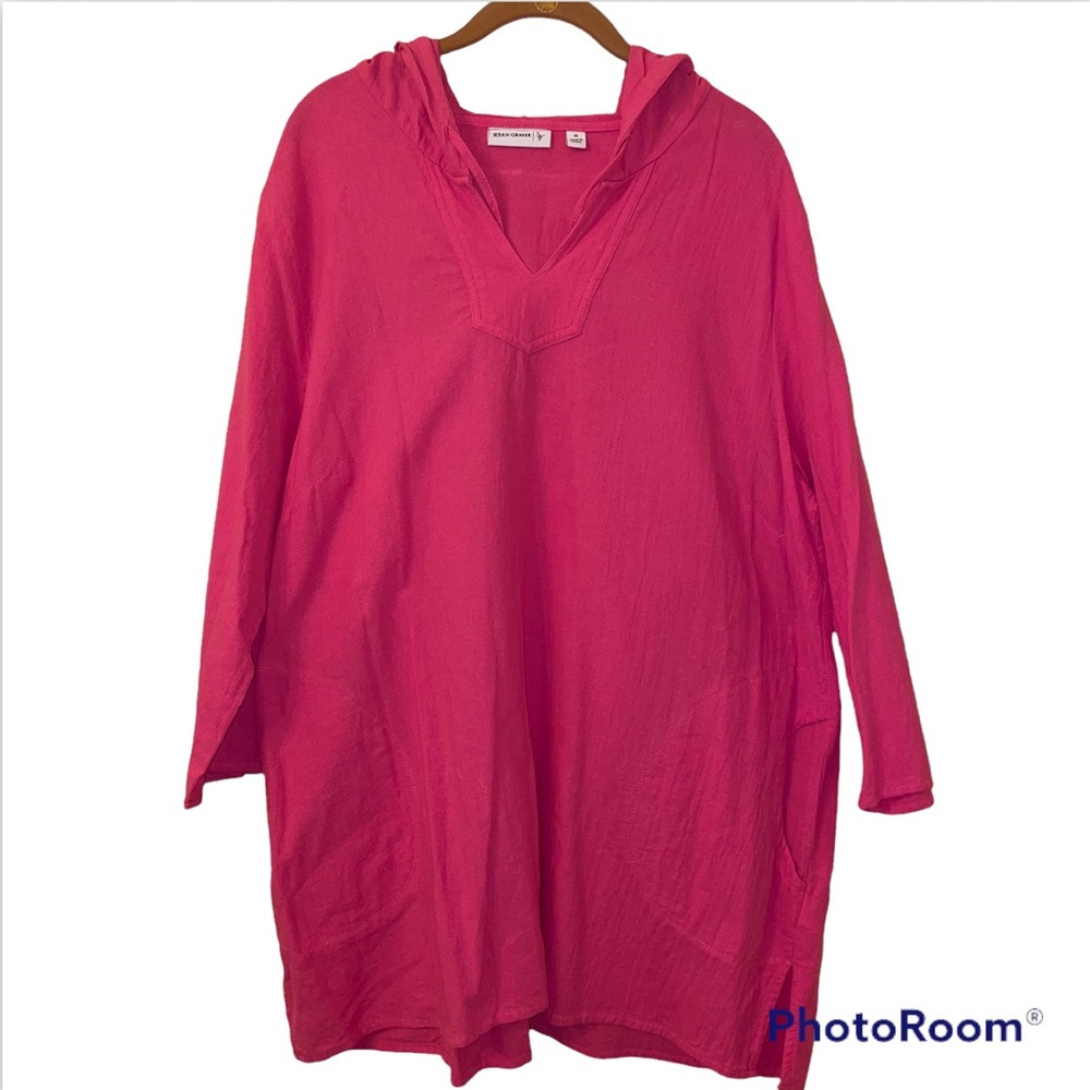 Susan Graver Hooded Tab Sleeve Hot Pink Gauze Tunic XL